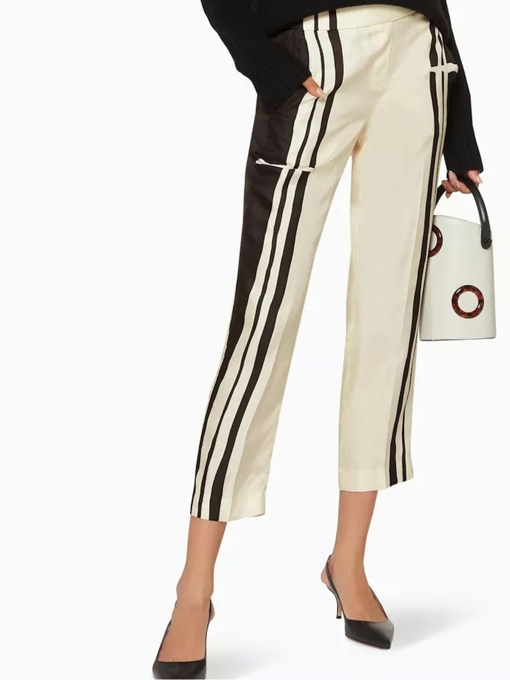 Theory 100% Silk Stripe Pull On Trousers Designer Track Pants Quiet Luxury Chic